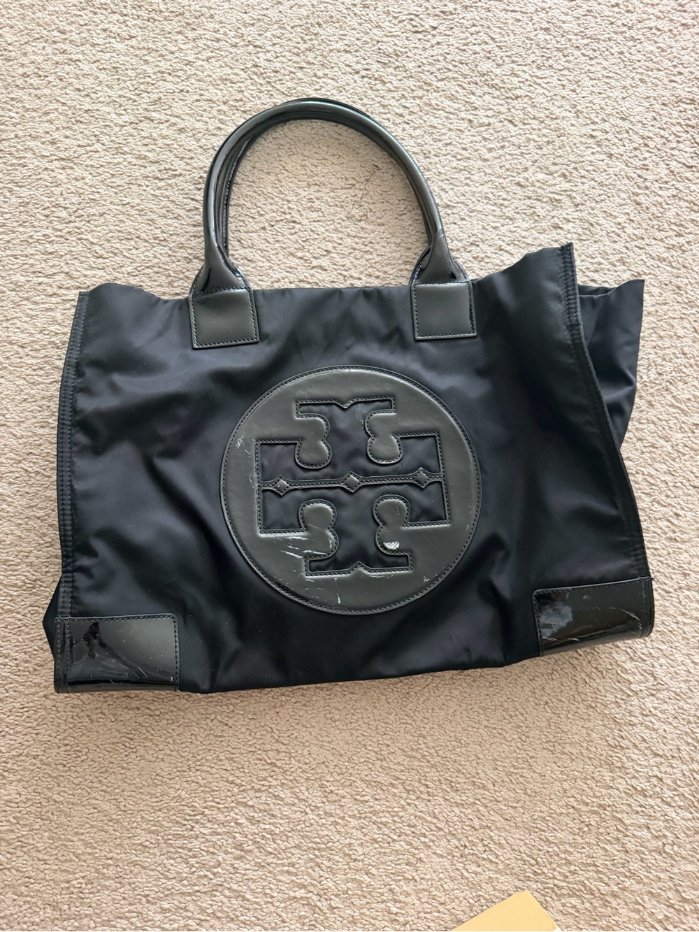 Tory Burch Black Nylon Logo Tote with Leather Trim
